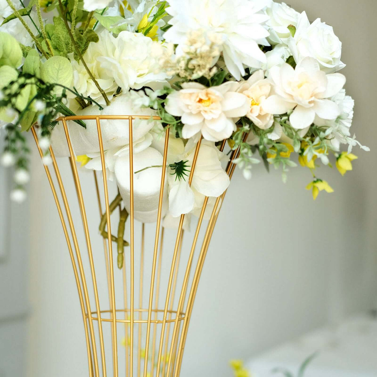 36" Tall Gold Metal Wire Trumpet Flower Centerpiece Stand – Reversible Hourglass Pedestal Prop