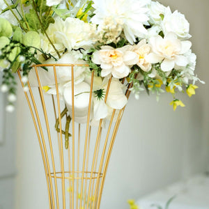 36" Tall Gold Metal Wire Trumpet Flower Centerpiece Stand – Reversible Hourglass Pedestal Prop