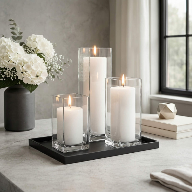Richland Pillar Candle 9" & Eastland Square Holder 12" Set of 12 - White - thumbnail number 6