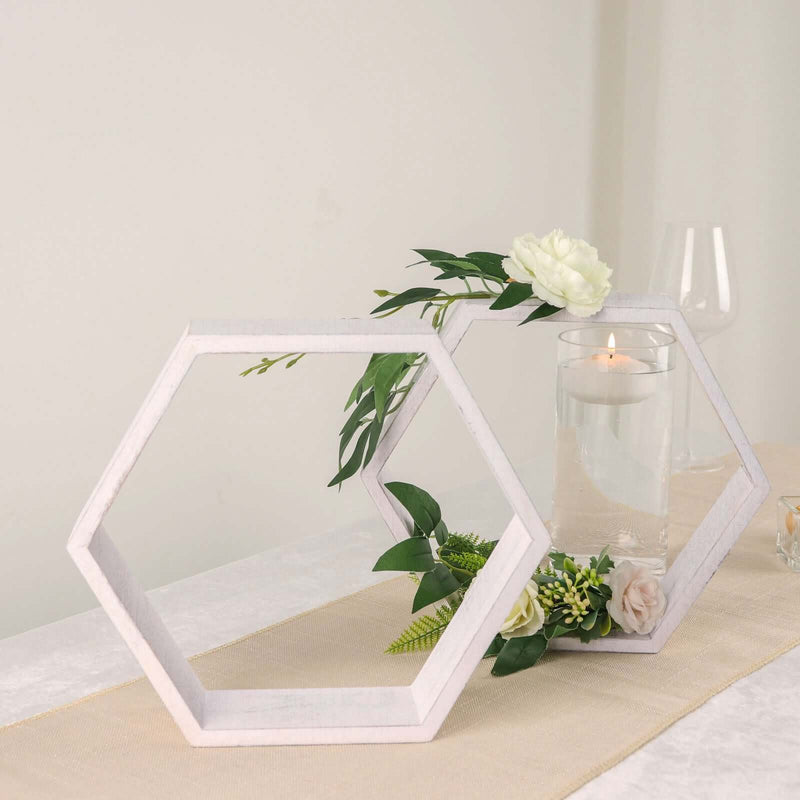 Whitewashed Wood Hexagon Display 9" – Set of 2 Geometric Terrarium Honeycomb Centerpieces - thumbnail number 3