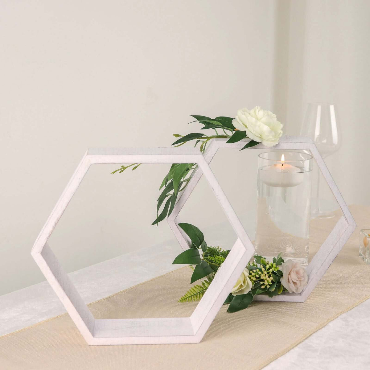 Whitewashed Wood Hexagon Display 9" – Set of 2 Geometric Terrarium Honeycomb Centerpieces