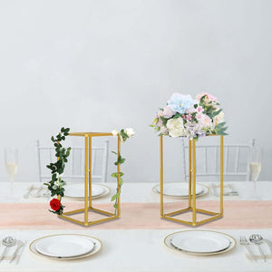 12" Gold Rectangular Metal Flower Stands – 2-Pack Geometric Column Frames for Wedding Arrangements