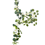 Faux eucalyptus and white peony garland with warm glowing LED lights on a white background - thumbnail number 1