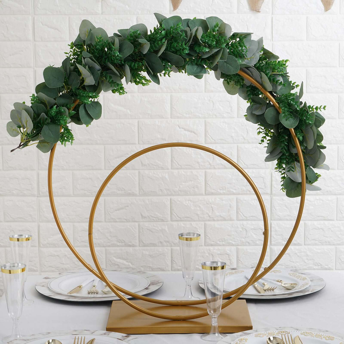 Double Hoop Gold Metal Centerpiece 24" & 16" – Wedding Flower Stand for Table and Event Décor