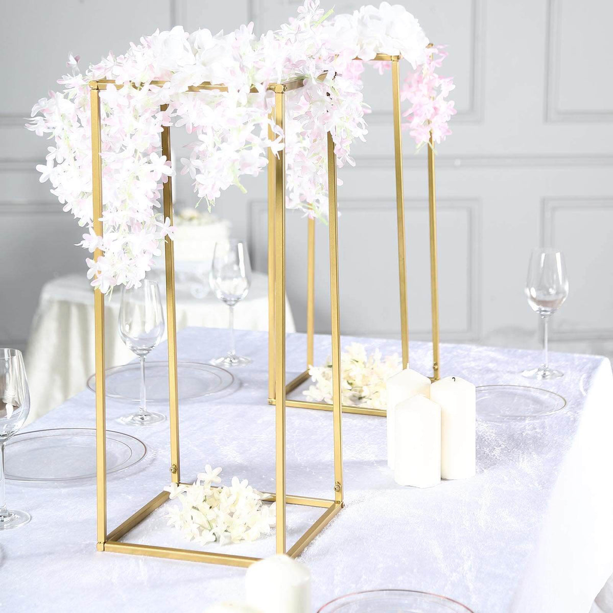24" Gold Rectangular Metal Flower Stands – 2-Pack Geometric Column Frames for Stylish Flower Displays
