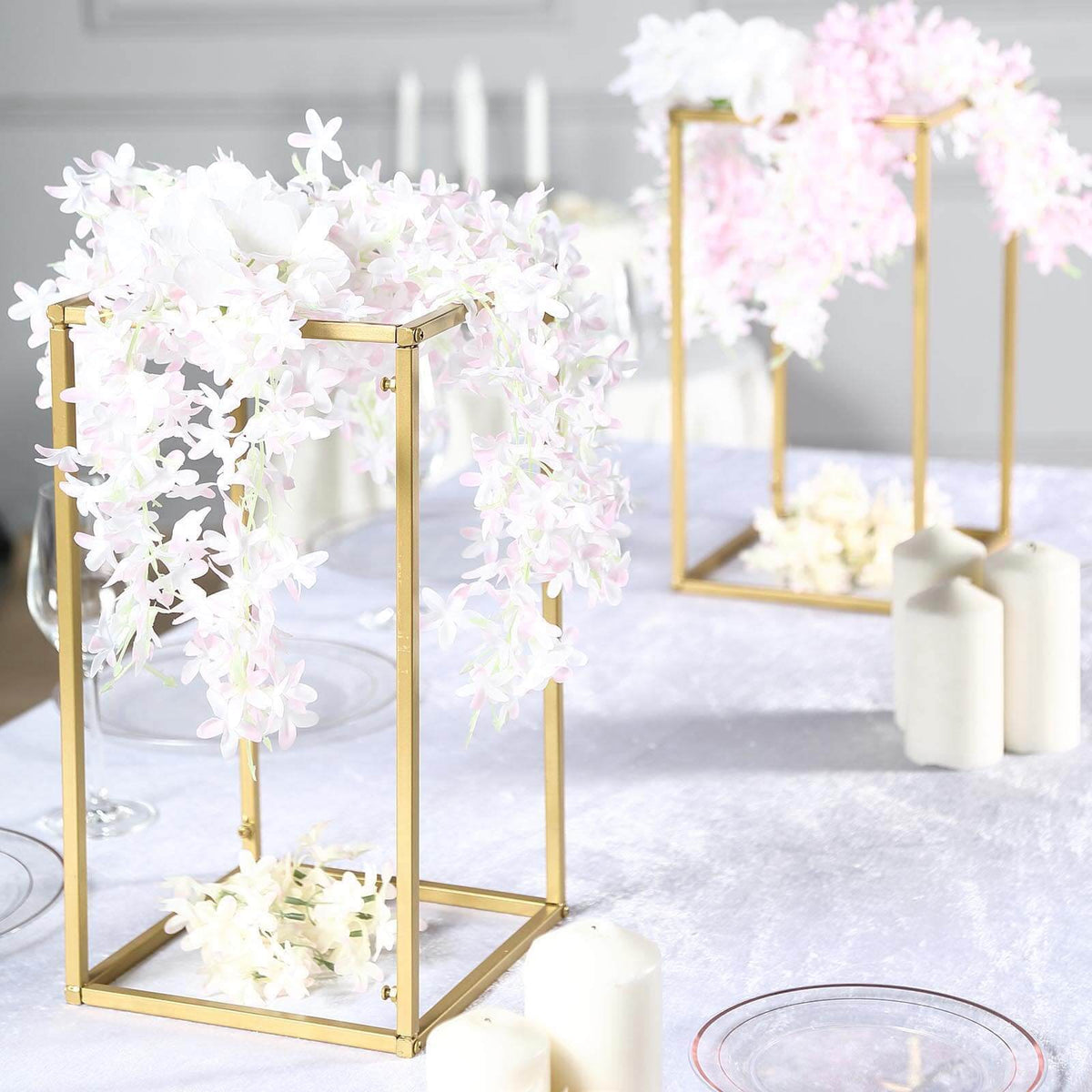 16" Gold Rectangular Metal Flower Stands – 2-Pack Geometric Column Frames for Wedding Arrangements