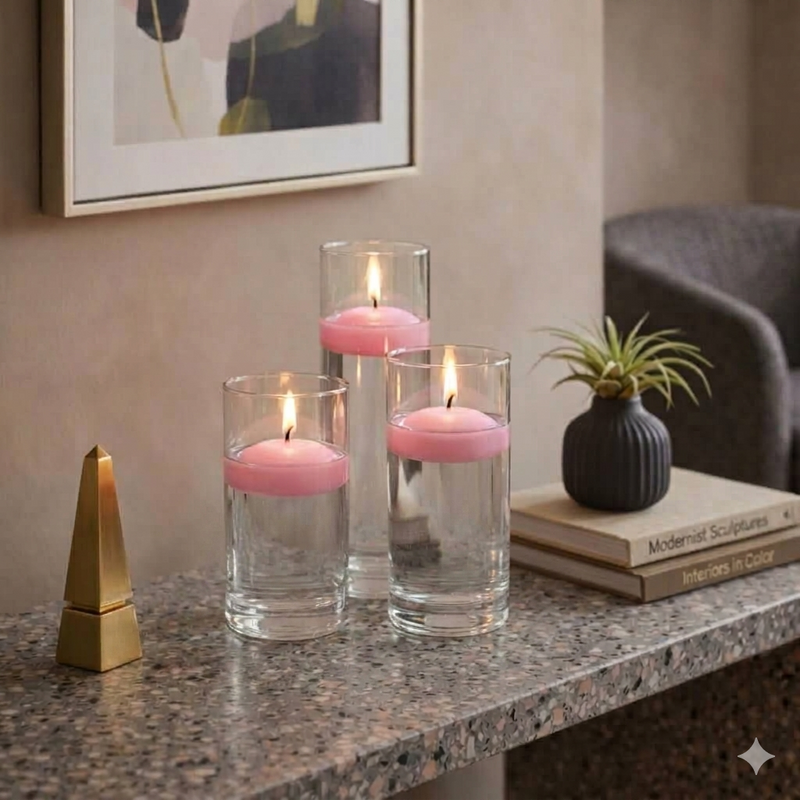 Cylinder Vase Centerpiece & Richland 3" Floating Candles Set of 8 - Pink - thumbnail number 6