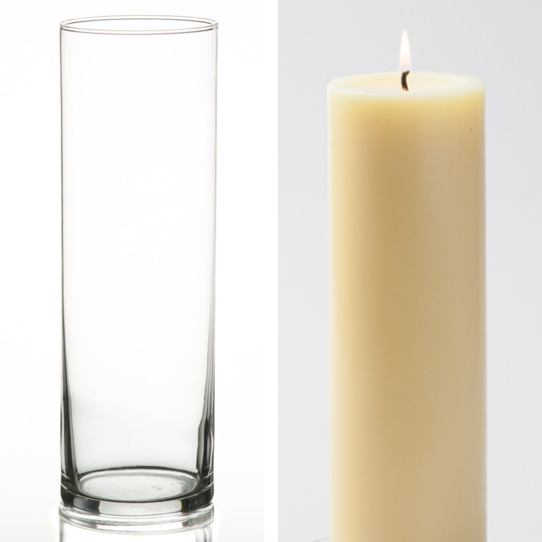 Richland Pillar Candle 9" & Eastland Cylinder Holder 10.5" Set of 12 (Choose your Color)