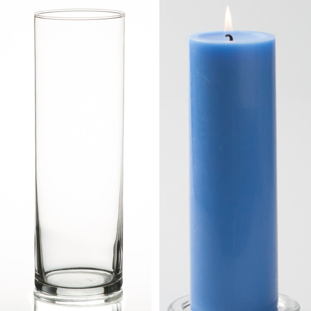 Richland Pillar Candle 9" & Eastland Cylinder Holder 10.5" Set of 12 (Choose your Color)