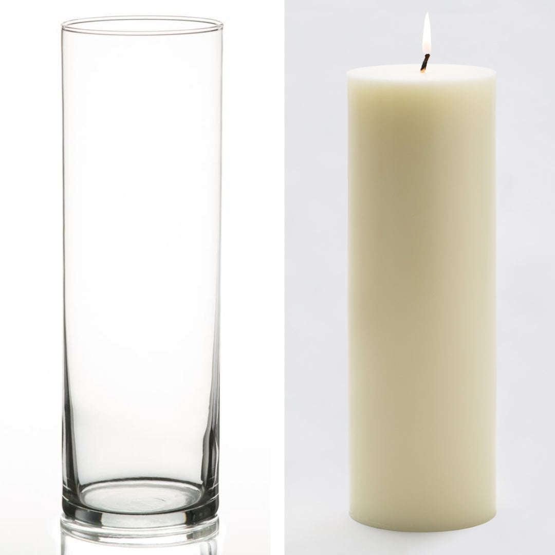 Richland Pillar Candle 9" & Eastland Cylinder Holder 10.5" Set of 12 (Choose your Color)