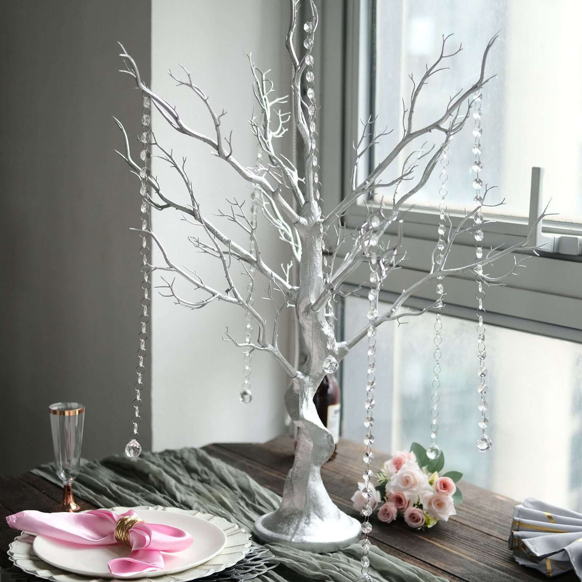 34" Artificial Metallic Silver Manzanita Tree Centerpiece – Easy Assembly with 8 Acrylic Bead Chains