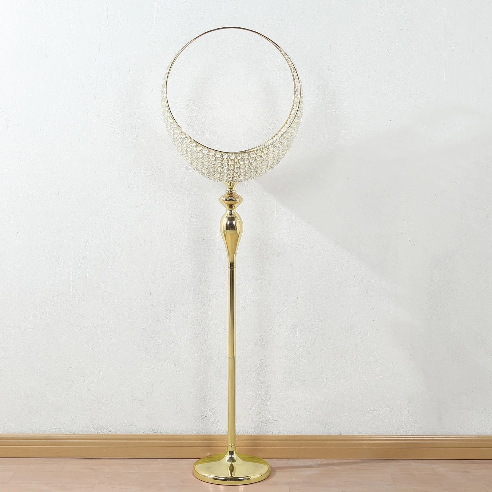 4.5ft Gold Metal Candle Holder Stand – Crystal Beaded Half Moon Basket Design with Round Base