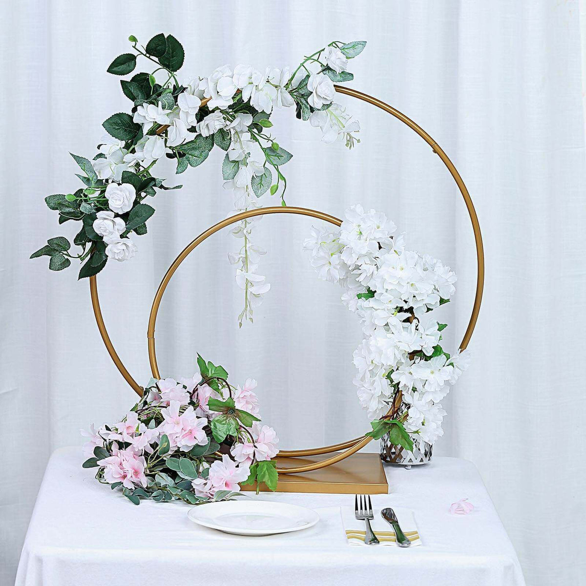 Double Hoop Gold Metal Centerpiece 24" & 16" – Wedding Flower Stand for Table and Event Décor
