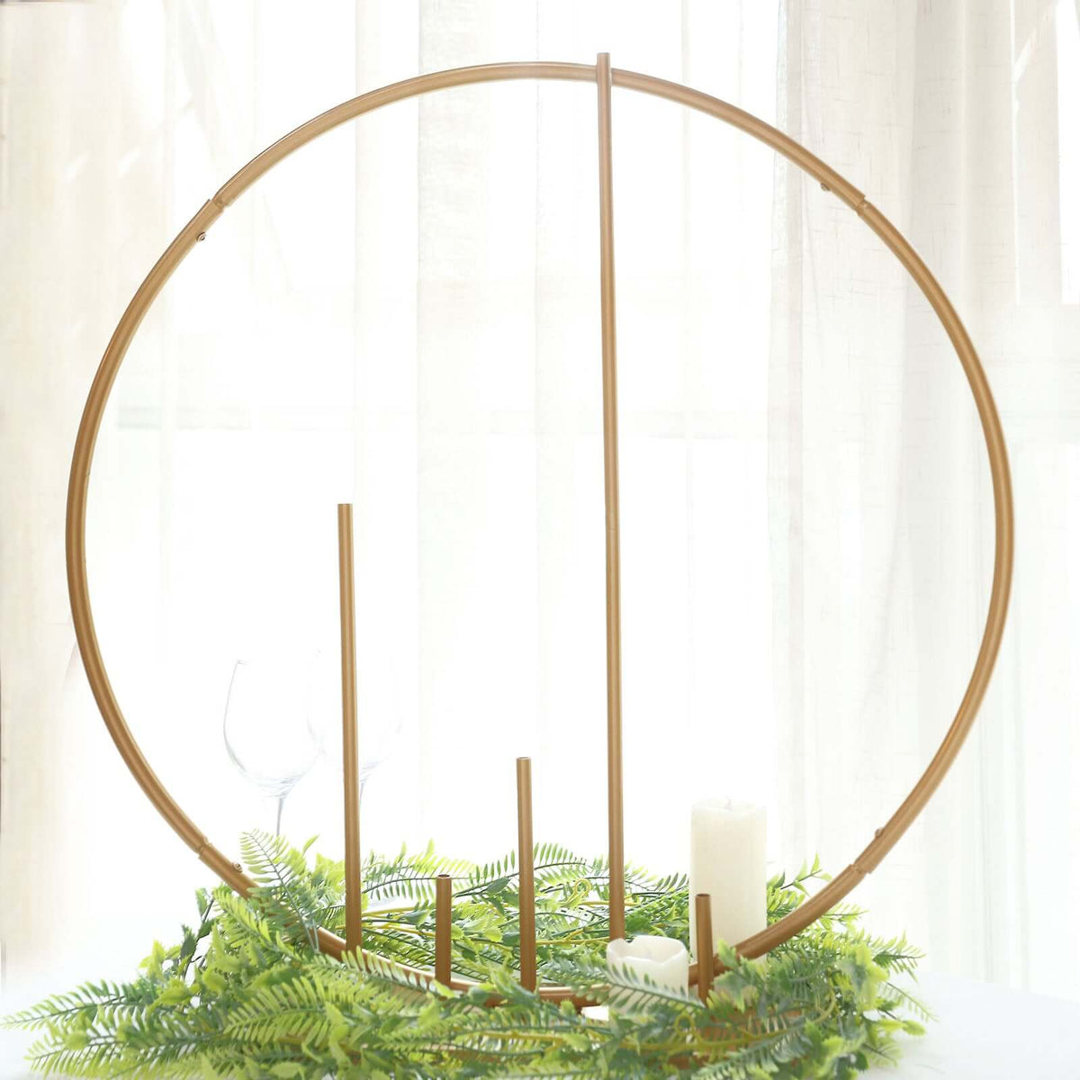 Gold Metal Floral Hoop Centerpiece 24" Round – Self-Standing Wedding Table Arch Frame with Pillars