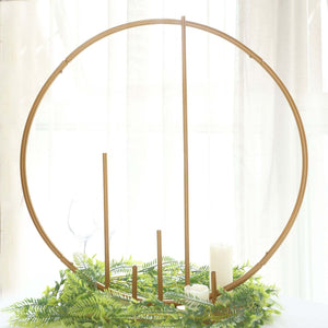 Gold Metal Floral Hoop Centerpiece 24" Round – Self-Standing Wedding Table Arch Frame with Pillars
