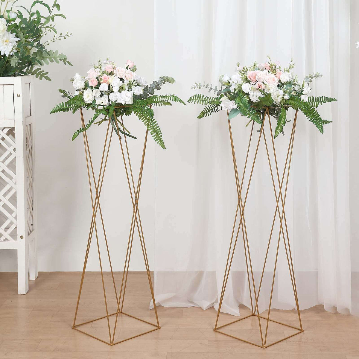 Set of 2 Gold Metal Pedestal Stands – 32" Open Column Wedding Centerpieces with Geometric Crisscross Design