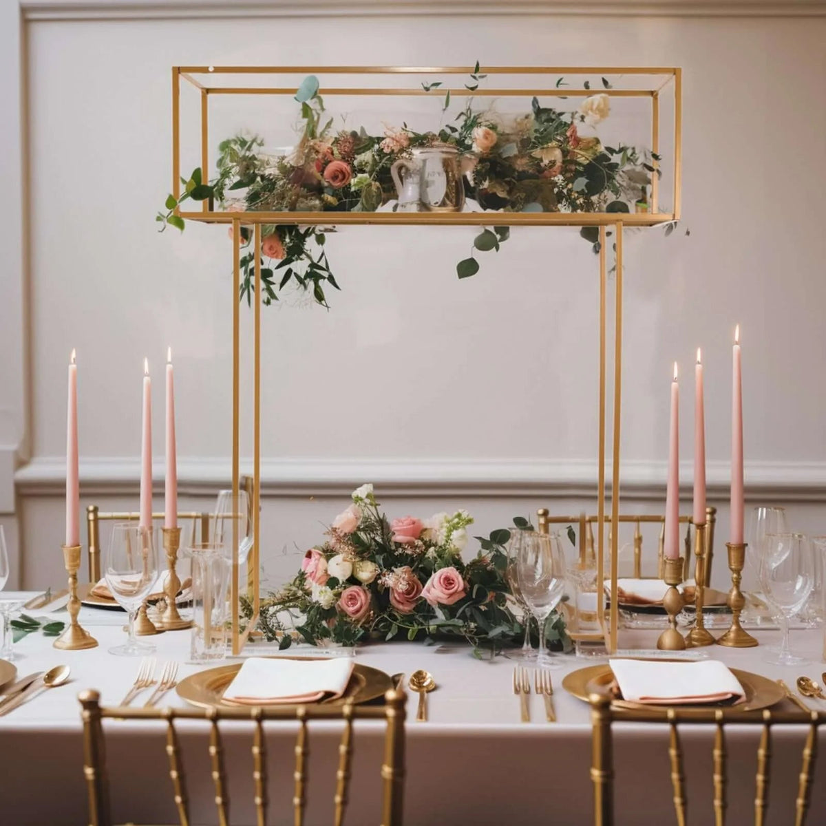 48" Gold Metal Rectangular Centerpiece Stand – Heavy Duty Tabletop Floral Arrangement Display Rack