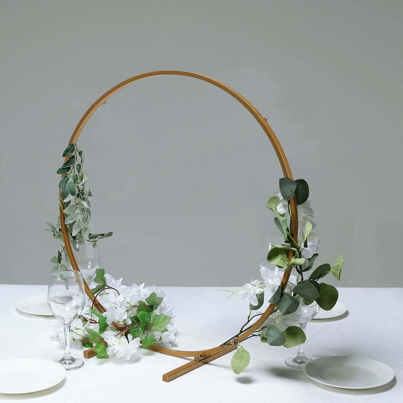 Gold Metal Hoop Wreath Centerpiece 24" – Round Arch Table Display for Weddings and Events - thumbnail number 2