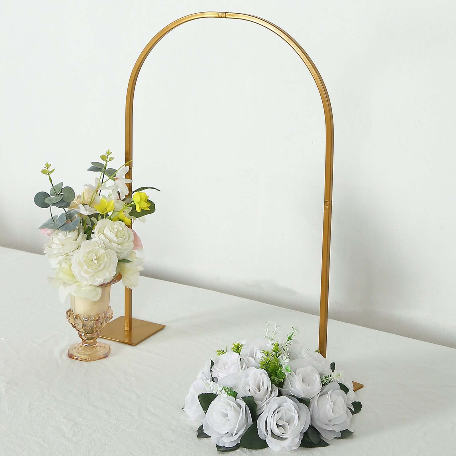 35" Gold Metal Wedding Cake Chiara Arch Centerpiece – Rounded Top Flower Stand Frame with Detachable Base