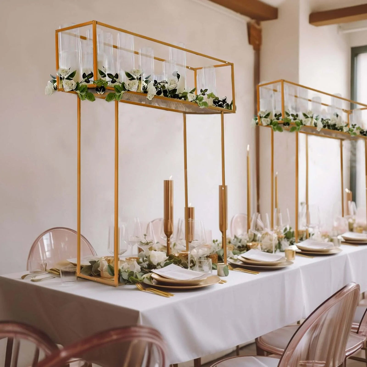 48" Gold Metal Rectangular Centerpiece Stand – Heavy Duty Tabletop Floral Arrangement Display Rack