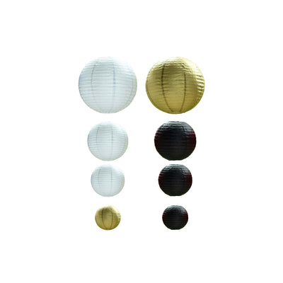 Set of 8 Mixed Black Gold Hanging Paper Lanterns, Assorted Size Decorative Round Chinese Sky Lanterns - 6",8",10",14"