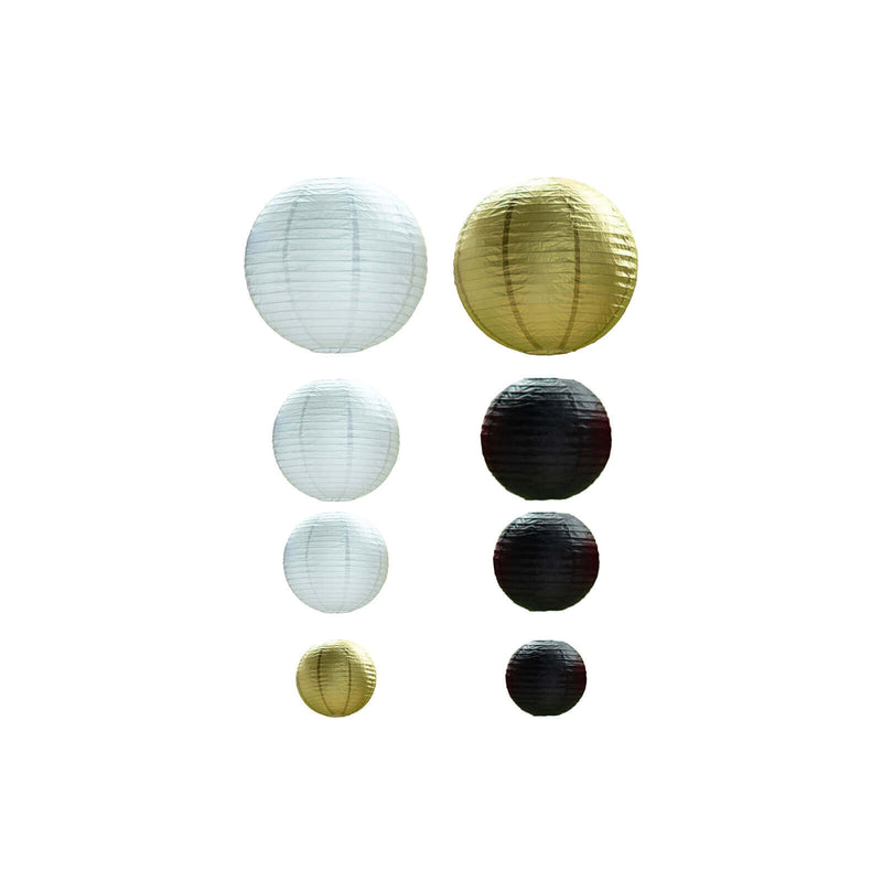 Assorted white, gold, and black paper lanterns on white background - thumbnail number 1