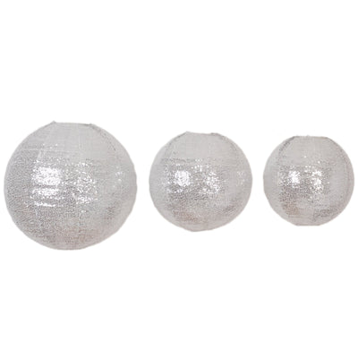 Set of 3 Shimmer Silver Sequin Fabric Hanging Lanterns, Large Decorative Round Foldable Chinese Lantern Lampshades - 14",16",20"