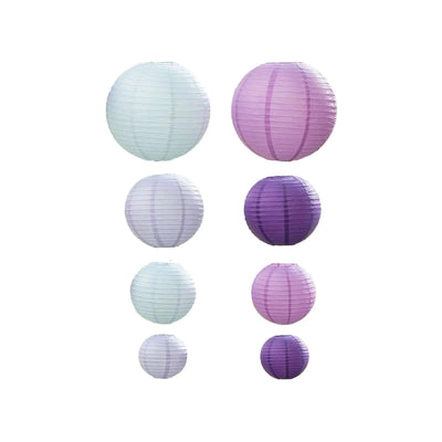 Set of 8 Mixed Purple White Hanging Paper Lanterns, Assorted Size Decorative Round Chinese Sky Lanterns - 6",8",10",14"