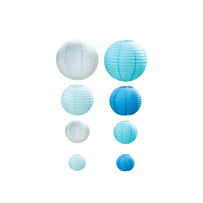 Set of 8 Mixed Blue White Hanging Paper Lanterns, Assorted Size Decorative Round Chinese Sky Lanterns - 6",8",10",14"