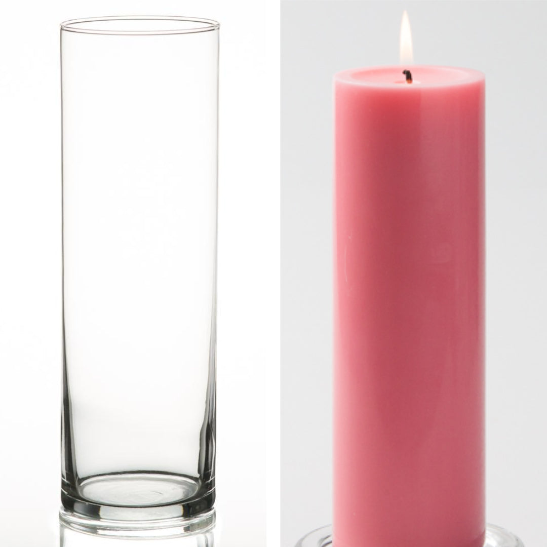 Richland Pillar Candle 9" & Eastland Cylinder Holder 10.5" Set of 12 (Choose your Color)
