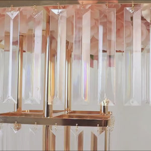 5-Tier Gold Crystal Pendant Chandelier Table Centerpiece 40" – Metal Flower Stand with Square Frame and Hanging Crystals