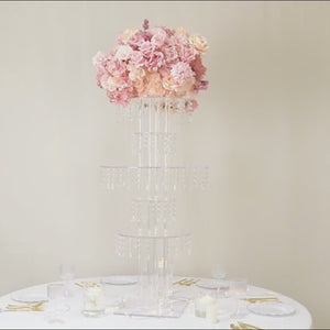 39" Tall 5-Tier Acrylic Chandelier Flower Stand with Hanging Crystals – Clear Table Centerpiece Display Tower