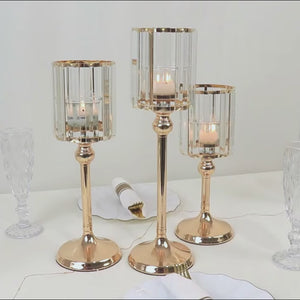 Gold Crystal Pendant Hurricane Candle Holders – Set of 3 Elegant Cylindrical Table Centerpieces for Pillar Candles, 11", 13", 15"