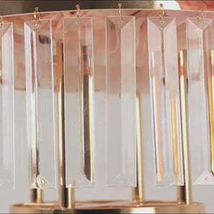 3-Tier Gold Crystal Pendant Table Centerpiece Chandelier 27" – Round Metal Vase Pedestal with Hanging Crystals