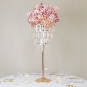 4-Tier Gold Crystal Pendant Chandelier Table Centerpiece 38" – Metal Flower Stand with Square Frame and Hanging Crystals