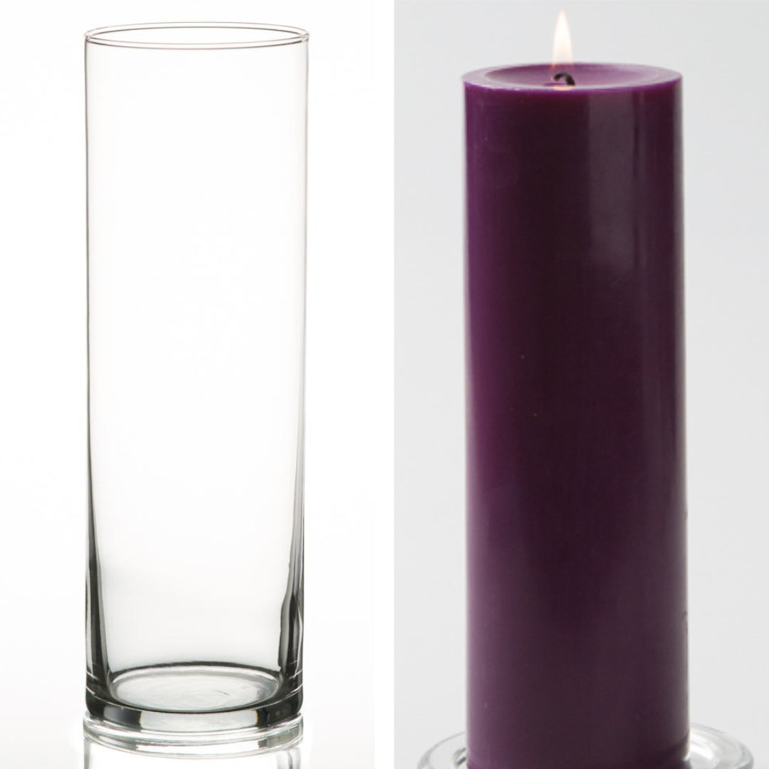 Richland Pillar Candle 9" & Eastland Cylinder Holder 10.5" Set of 12 (Choose your Color)