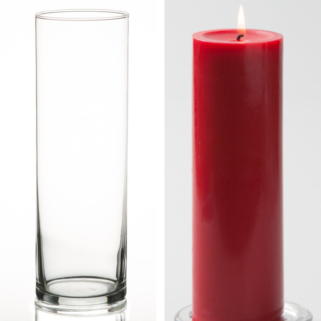 Richland Pillar Candle 9" & Eastland Cylinder Holder 10.5" Set of 12 (Choose your Color)
