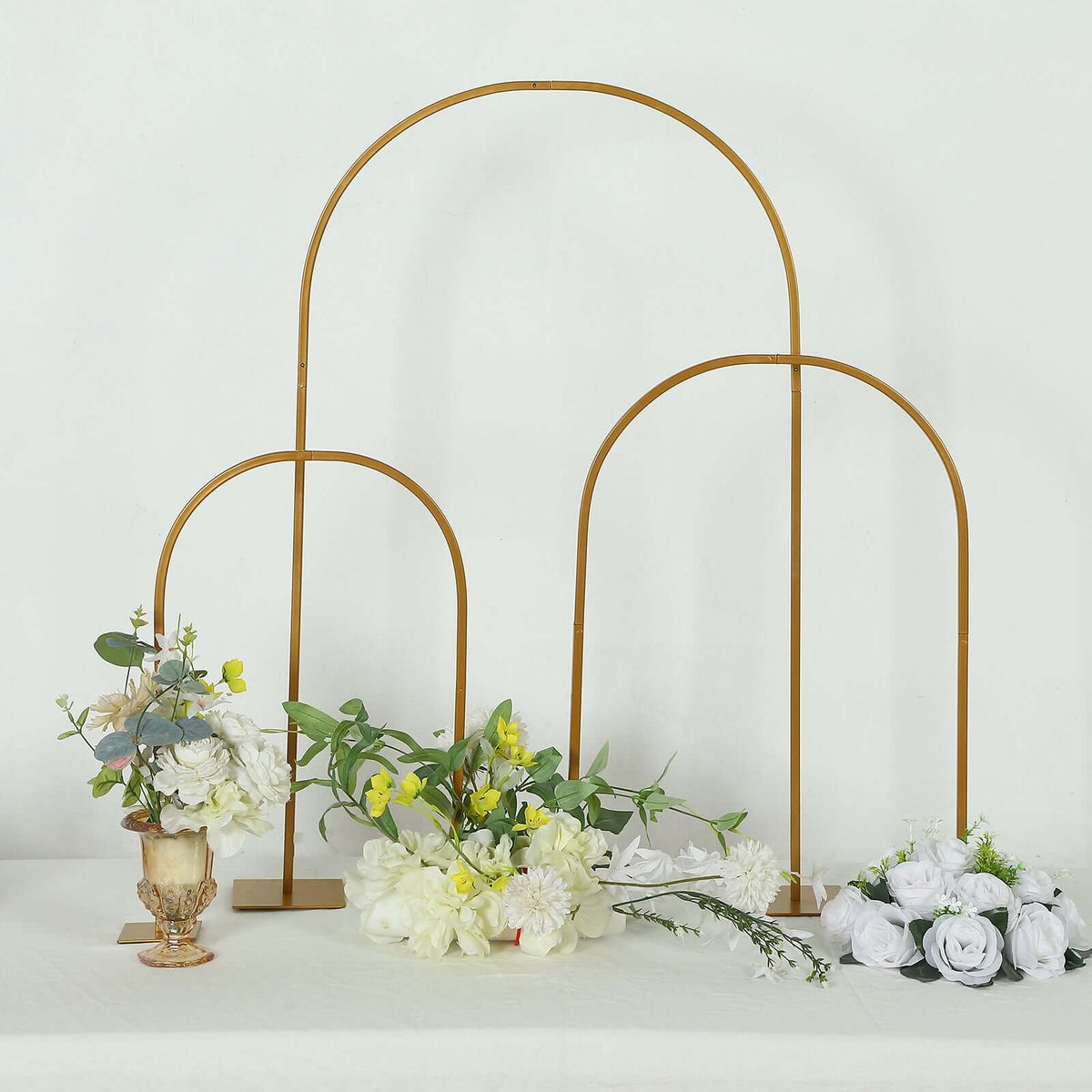 3-Piece Set Gold Metal Chiara Arch Centerpieces – Wedding Cake Flower Stand Frames 20", 23", 35" with Detachable Base