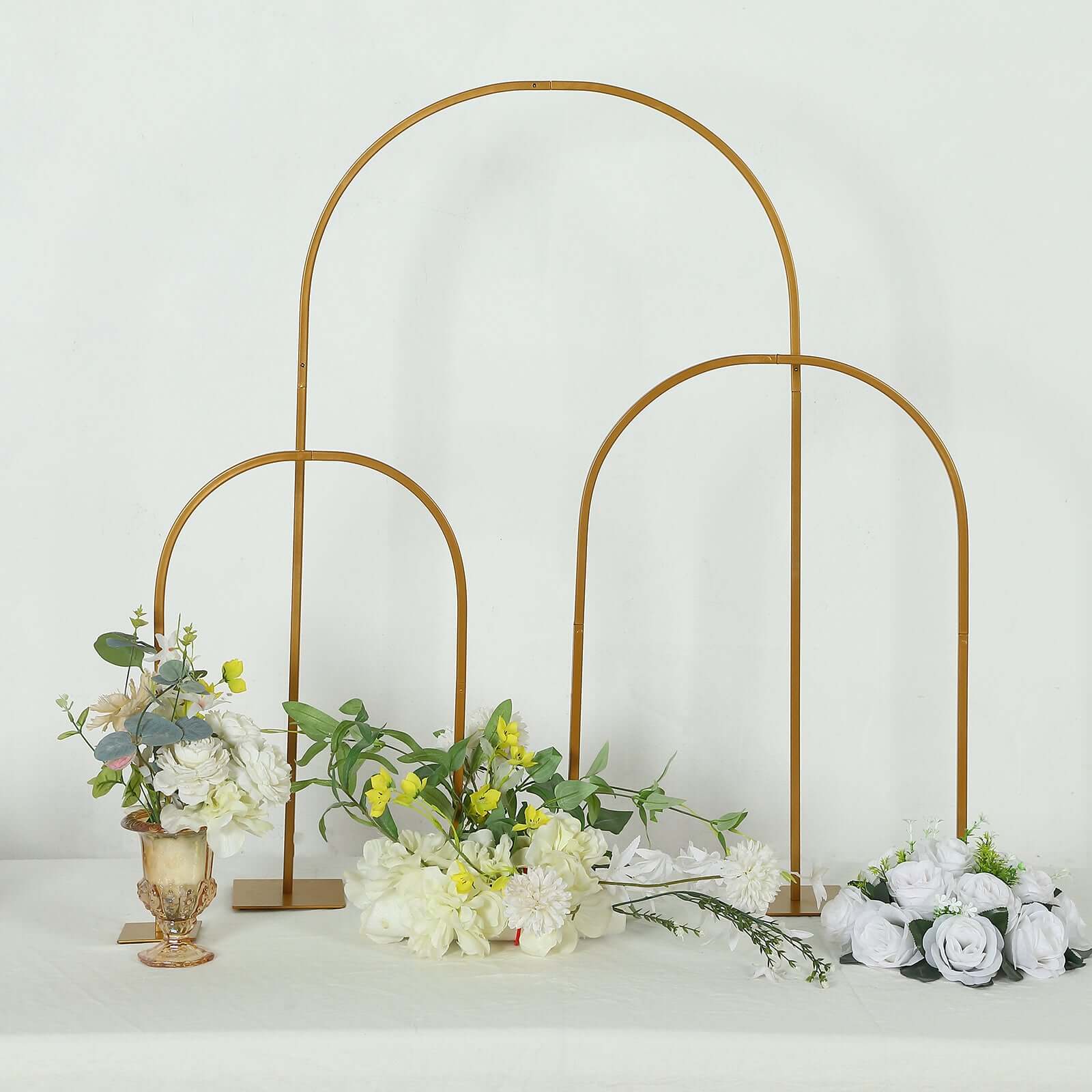 3-Piece Set Gold Metal Chiara Arch Centerpieces – Wedding Cake Flower Stand Frames 20", 23", 35" with Detachable Base