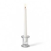 Simple Glass Taper Candle Holder holding a single lit white candle on a solid white background - thumbnail number 3