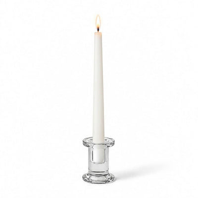 Simple Glass Taper Candle Holder holding a single lit white candle on a solid white background - thumbnail number 3