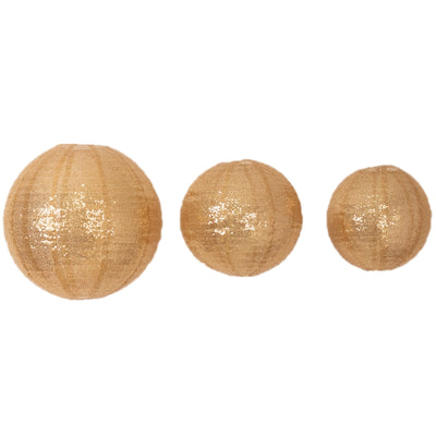 Set of 3 Shimmer Gold Sequin Fabric Hanging Lanterns, Large Decorative Round Foldable Chinese Lantern Lampshades - 14",16",20"