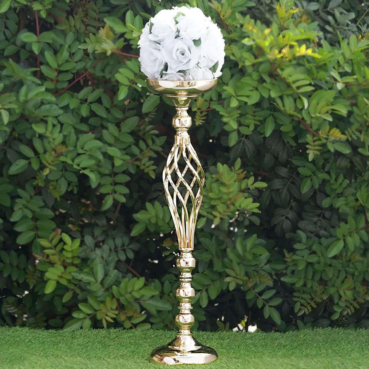 Set of 2 Gold Metal Pillar Candle Holders 26" – Reversible Flower Ball Pedestal Design for Event Centerpieces
