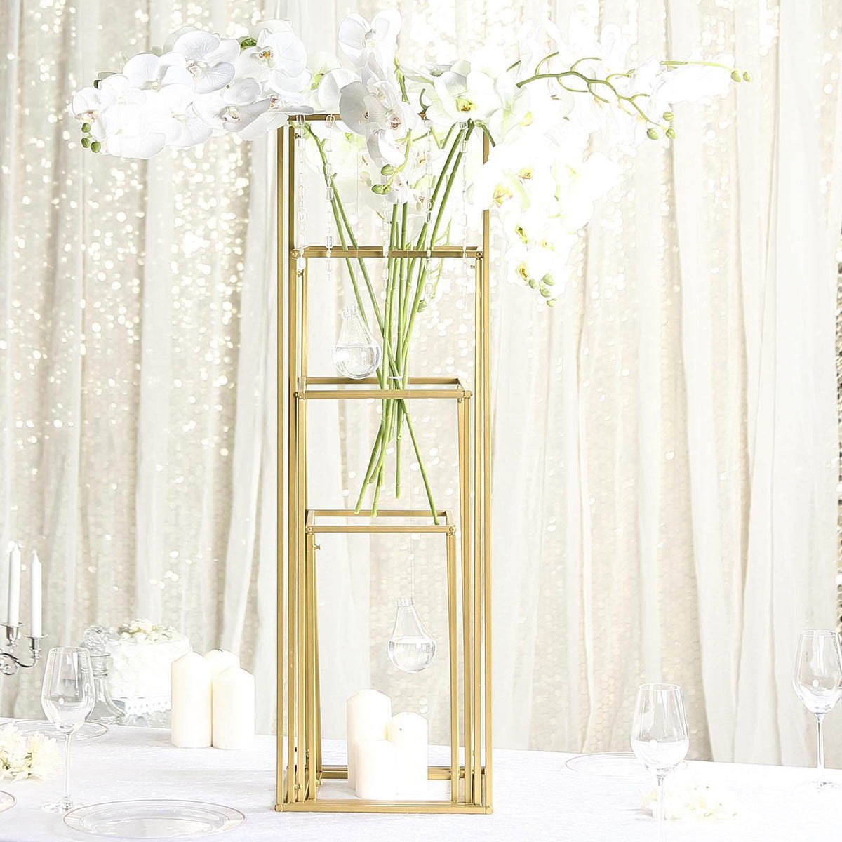 Matte Gold Metal Flower Stands Set of 4 – 16", 24", 32", 40" Frames for Wedding Column Displays