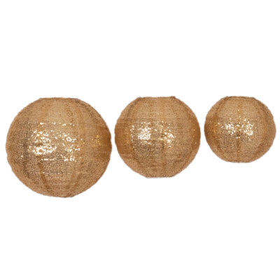 Set of 3 Shimmer Gold Sequin Fabric Hanging Lanterns, Decorative Round Foldable Chinese Lantern Lampshades - 8",10",12"