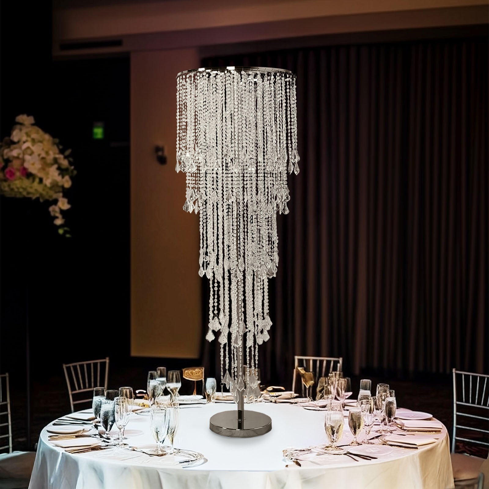 4ft Cascading Crystal Beaded Floral Stand – Waterfall Chandelier Table Centerpiece for Event Décor