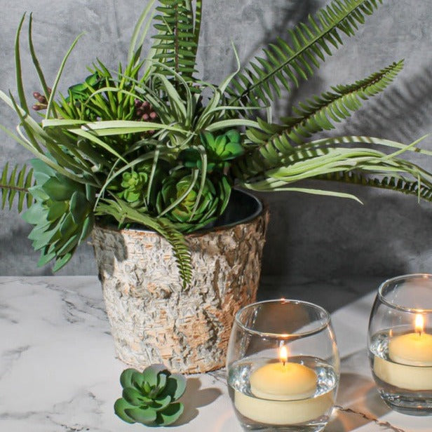 Natural Birch Bark Covered Zinc Planter Pot Vase 7" x 6"