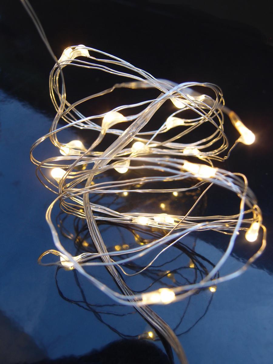 LED Fairy Lights, 20 LEDs  Battery Operated 6 Foot, Warm White Silver Wire, Strand Submersible