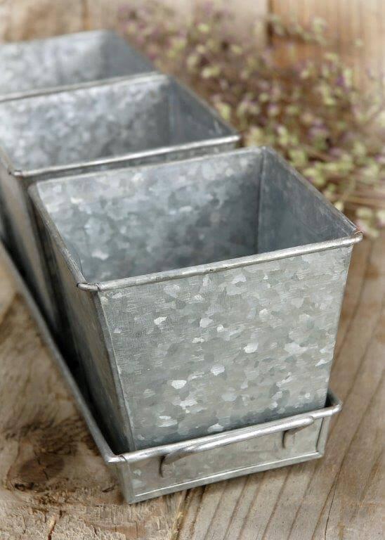 galvanized 3 herb pots tray 14in