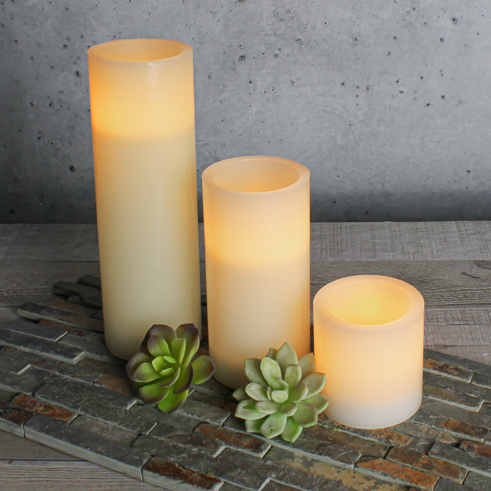 Richland Flameless LED Pillar Candles 3"x3", 3"x6" & 3"x9" Ivory Set of 3